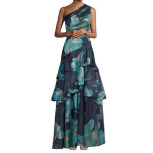 NWT Aidan Mattox One Shoulder Tiered Ruffle Metallic Floral Jacquard Gown Dress